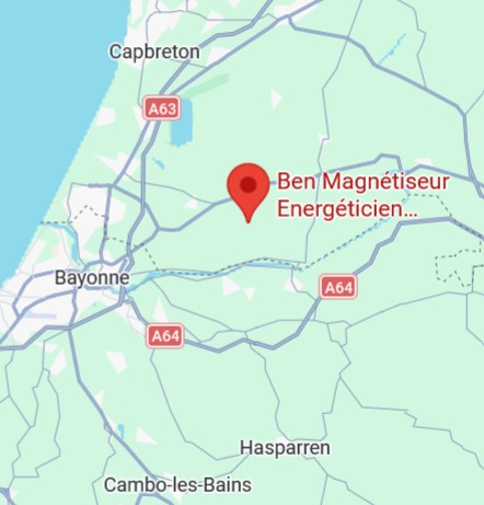 Carte Google Maps centrée sur la région de Bayonne avec un repère indiquant « Ben Magnétiseur Energéticien ».