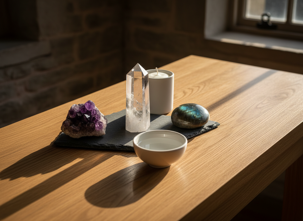 A detailed view of a carefully arranged energy healing altar on a solid oak console table: a clear quartz point standing upright on a small slate tile, flanked by an amethyst cluster and a piece of polished labradorite reflecting subtle iridescent hues. A simple white candle in a matte ceramic holder and a small bowl of spring water complete the scene. Warm golden-hour light streams in from the right, creating shimmering reflections within the crystals and casting long, tranquil shadows. Photographed at a slightly elevated angle in photographic realism, the mood is contemplative and sacred yet understated, reflecting a respectful, grounded approach to subtle energy work.