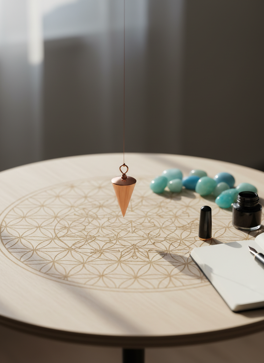 A delicate copper pendulum with a finely tapered tip hanging motionless above a round wooden table engraved with a subtle geometric pattern symbolizing energy fields. Beside it lies a small notebook, an uncapped fountain pen, and a neatly arranged set of smooth crystals in soft blues and greens. Gentle, cool daylight from the left creates a soft gradient of light across the scene, with faint reflections along the pendulum’s polished surface. Shot from a slightly elevated angle in photographic realism with a calm, focused atmosphere, the composition uses the rule of thirds to highlight the pendulum as a precise, professional tool for radiesthesia and energetic guidance.