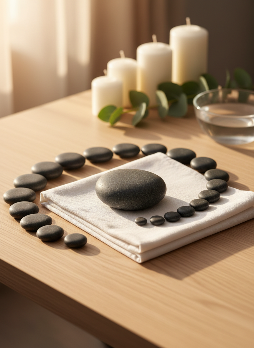 A smooth, oval basalt stone resting on a clean, light-wood treatment table, wrapped in a neatly folded white cotton cloth. Around it, several smaller polished stones form a gentle spiral, suggesting the flow of energy. In the background, softly blurred candles, green leaves, and a clear bowl of water evoke natural healing. Warm, diffused afternoon light filters through an unseen window, creating subtle reflections on the stone’s surface and calm shadows on the table. Photographed at eye level with a shallow depth of field and photographic realism, the composition feels balanced and centered, conveying serenity, professional care, and a sense of soothing energetic alignment.