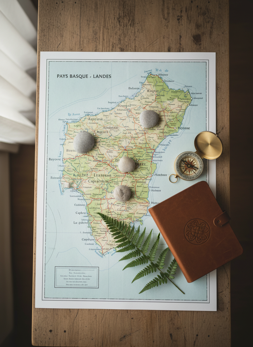 A printed map of the Pays Basque and Landes region spread neatly on a rustic yet tidy wooden desk, with small, smooth pebbles placed on Bayonne and nearby towns as markers of locations for energetic care. Beside the map rests a compass, a closed notebook in soft brown leather, and a sprig of green fern, evoking nature and connection to the land. Soft overcast daylight from a nearby window provides even, gentle illumination, eliminating harsh contrasts. Shot from a bird’s-eye view in photographic realism, the composition is clear and organized, conveying a sense of local presence, attentive guidance, and grounded, region-specific magnetic practice.