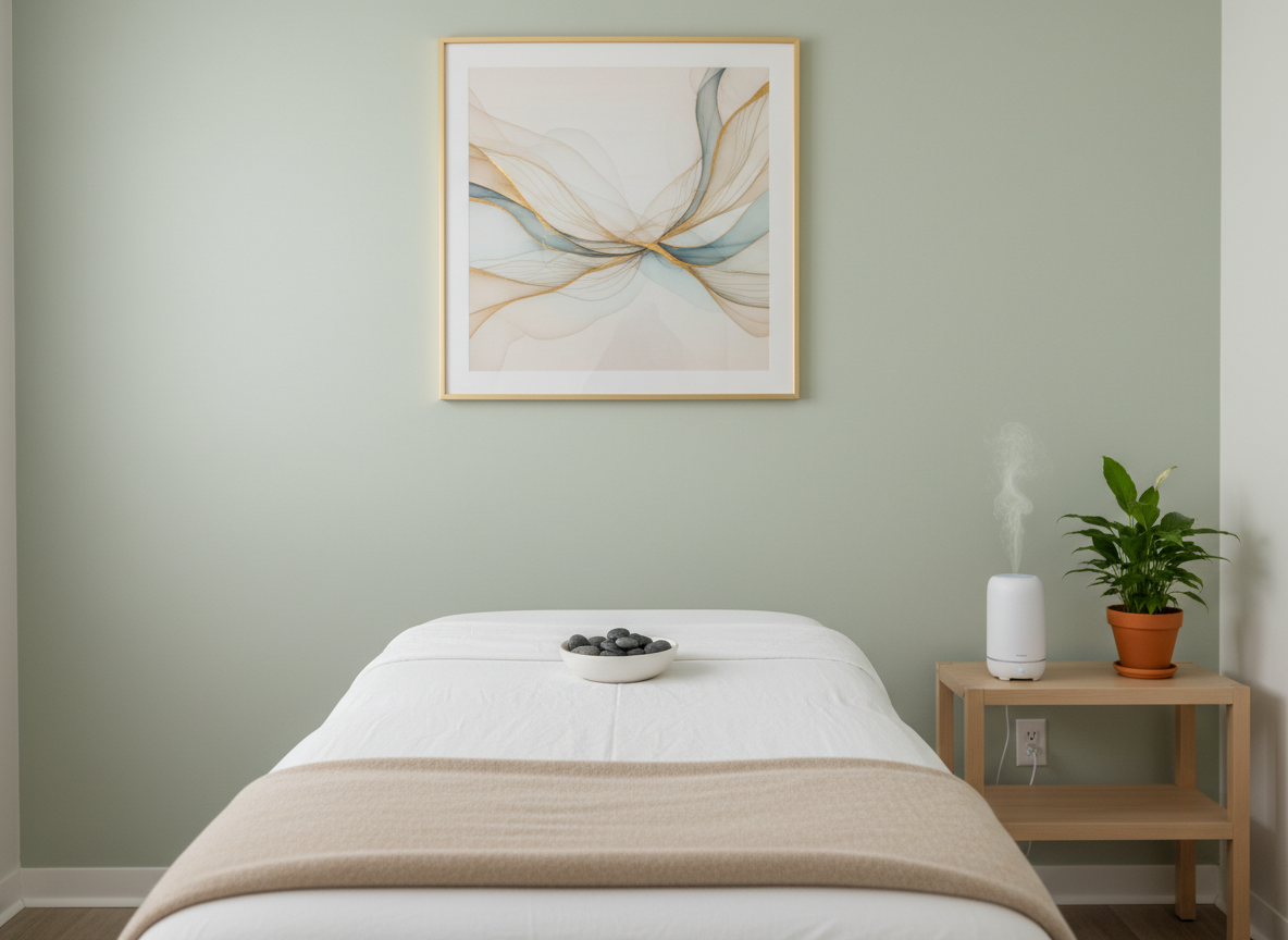 A minimalist treatment space featuring a simple, white-covered massage table with a neatly folded beige blanket at the foot and a small bowl of polished river stones at the head. Behind the table, a light sage-green wall holds a single framed abstract artwork suggesting flowing energy lines. A ceramic diffuser emitting a faint, visible mist sits on a low wooden shelf beside a small plant. Soft, diffused daylight fills the room, creating a gentle, even glow with minimal shadows. Photographed at eye level in photographic realism with clean, uncluttered composition, the atmosphere feels professional, welcoming, and deeply calming, ideal for energy work and magnetism sessions.