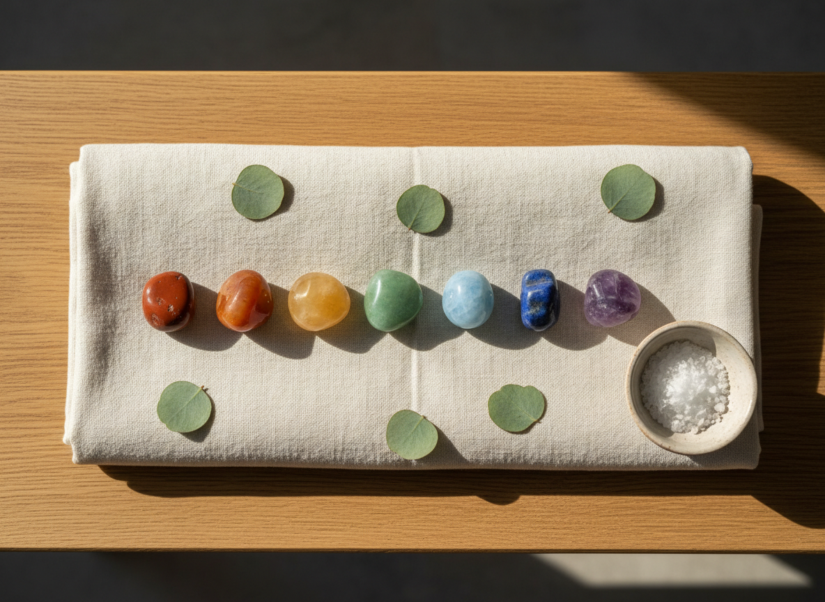 A neatly arranged set of chakra-colored stones—deep red, warm orange, golden yellow, soft green, sky blue, indigo, and violet—placed along the centerline of a folded, cream-colored linen throw on a natural oak bench. Around them, eucalyptus leaves and a small ceramic bowl of sea salt subtly frame the composition. Soft morning light enters from the right, creating gentle highlights on each stone and soft, elongated shadows that accentuate their texture. Captured in photographic realism from a top-down perspective, the image feels ordered, harmonious, and soothing, symbolizing energetic balance, alignment, and a holistic approach to well-being.