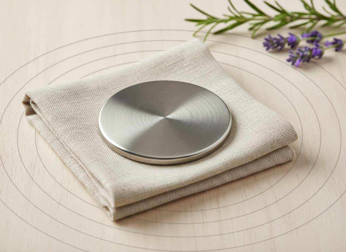A close-up of a smooth, circular magnet therapy disk made of brushed stainless steel resting on a folded, natural linen cloth atop a pale wooden surface. Around the disk, thin concentric lines lightly etched into the wood suggest invisible energy fields radiating outward. A few sprigs of fresh rosemary and lavender gently cross one corner of the frame, adding organic contrast. Soft side lighting from the left creates subtle highlights on the metal and delicate shadows in the fabric’s weave. Captured with shallow depth of field and photographic realism, the composition is intimate and precise, conveying the idea of gentle, natural energetic support grounded in professionalism.